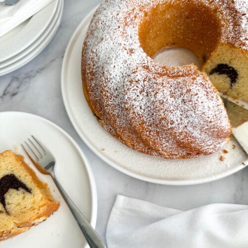 yoghurt marble bundt cake on a plate