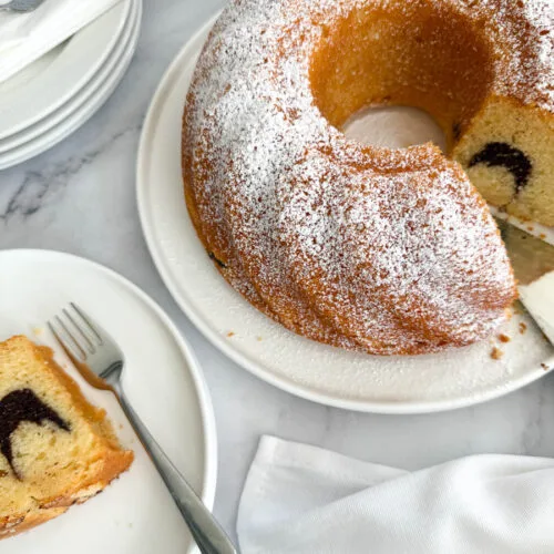 yoghurt marble bundt cake on a plate