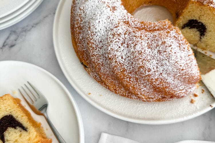 yoghurt marble bundt cake on a plate